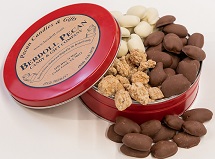 ALL TIME FAVORITE CANDIES & PECANS IN A RED BERDOLL TIN